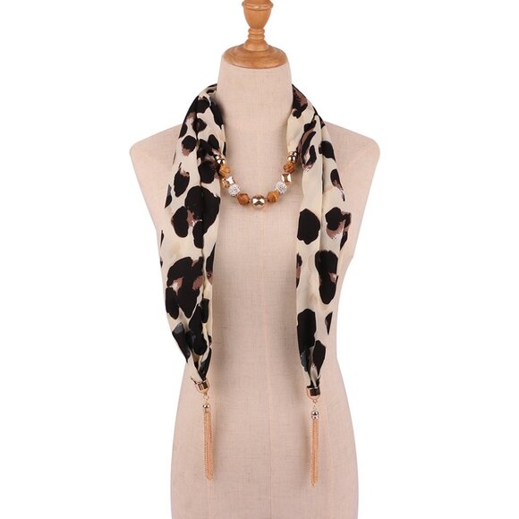 2/$30 Leopard Print Scarf Necklace with Beaded Chain Tassel Pendant Statement - Picture 1 of 6